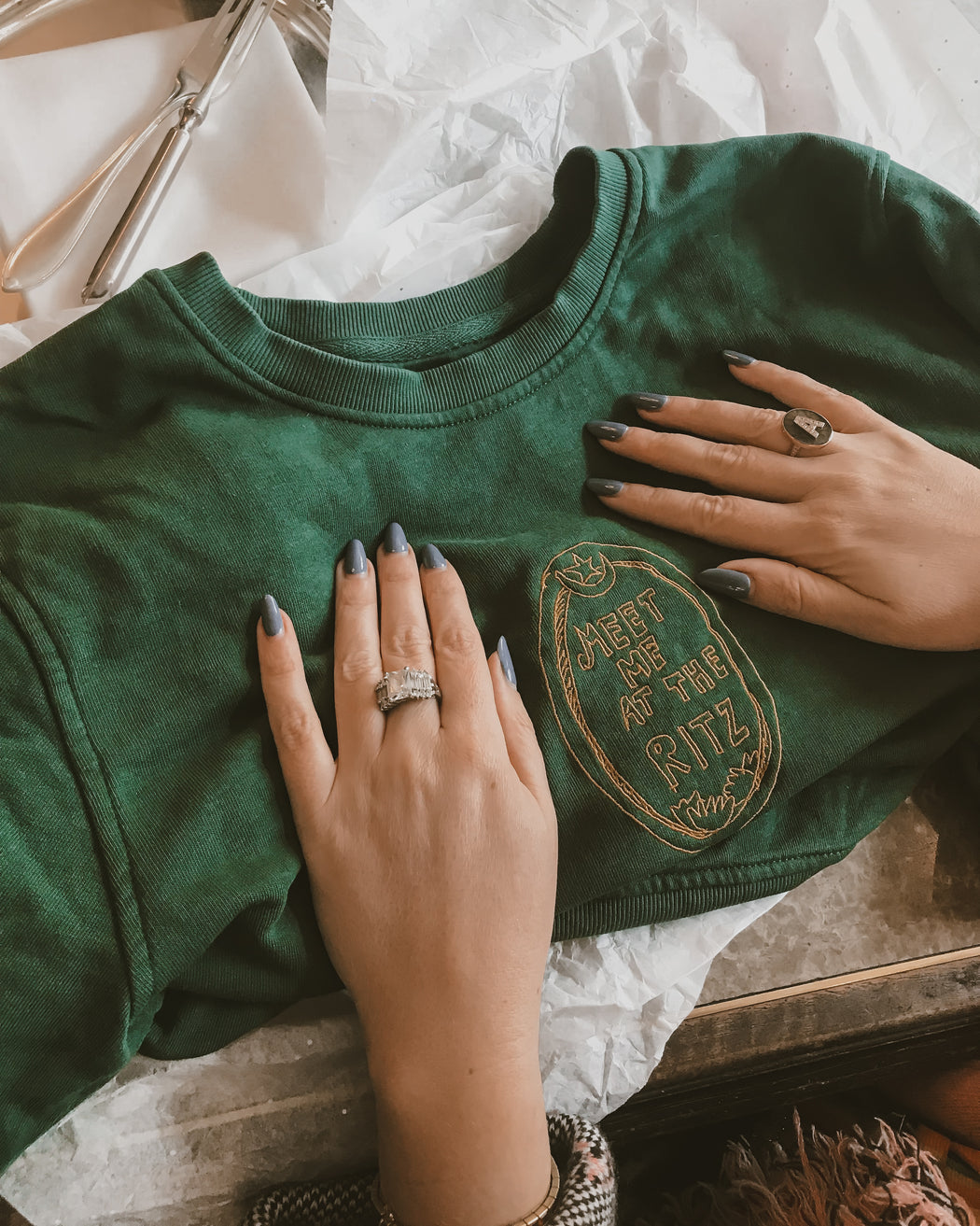 Meet Me At The Ritz sweatshirt- Navy / Green -organic cotton